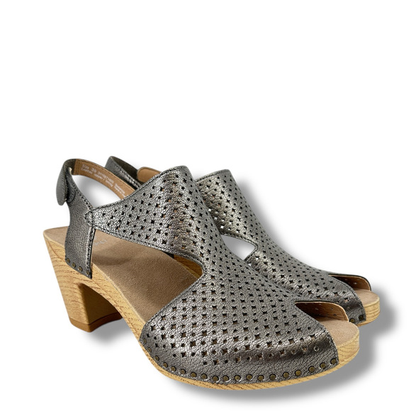 Dansko Teagan Silver Gunmetal Open Peeptop Heels Sandals Size 41 10.5 11 Block - Picture 2 of 10